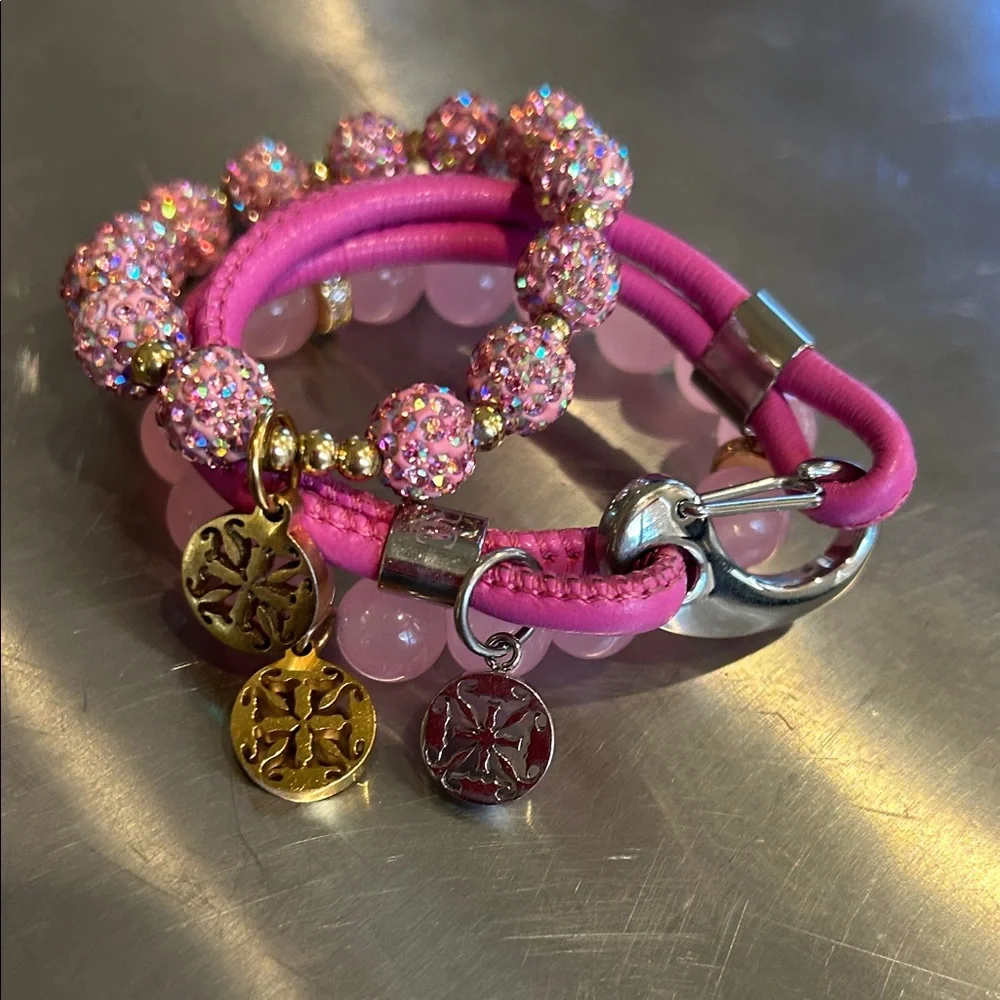Rustic Cuff Girls Pink Beaded and Leather Bracelet Set with Charms - Picture 1 of 4